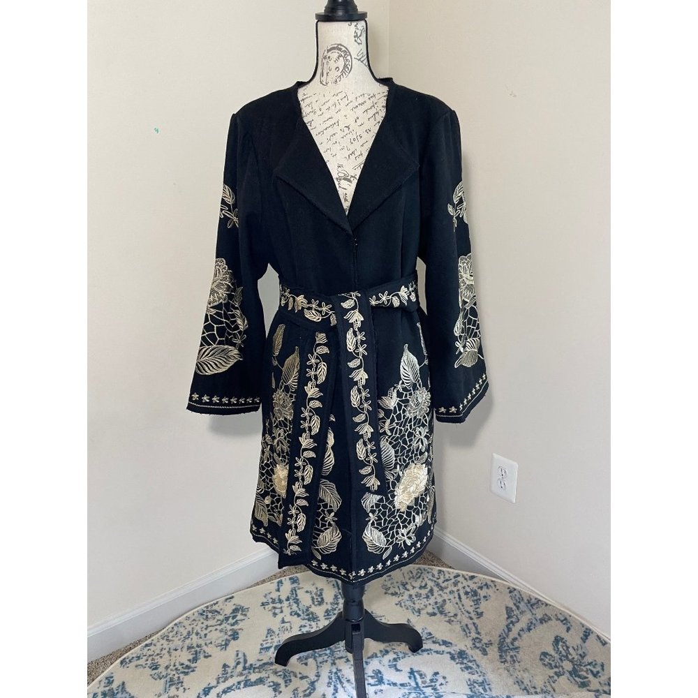 Venus Black Gold Embroidery Wool Blend Belted Knee Length Jacket Coat sz 20